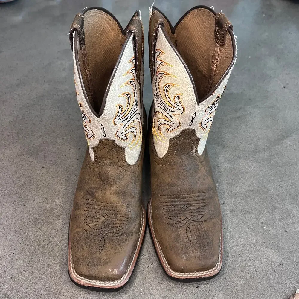 Ariat Storm Western boots Antique brown cream embroidery Youth boys 3.5 shoes